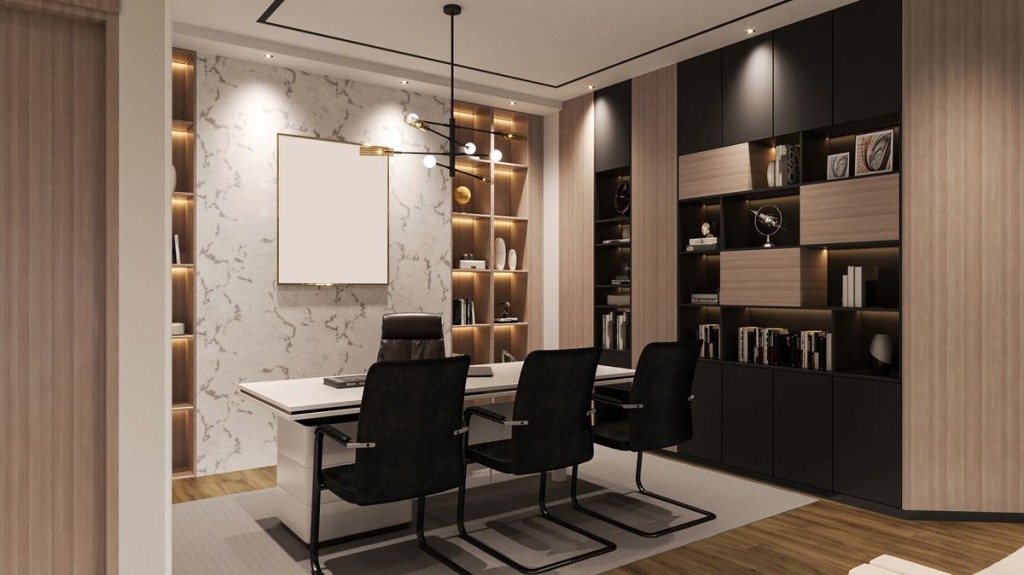 Executive modern office interior design with shelf for award display